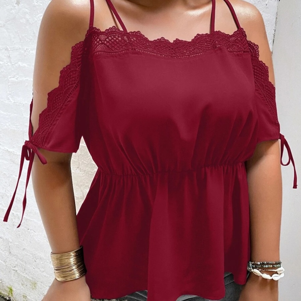 Plus Cold Shoulder Lace Blouse Navy Blue - Picture 12 of 14